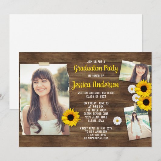 Rustic Wood Sunflower Photo Template Afstuderen Kaart (Voorkant / Achterkant)