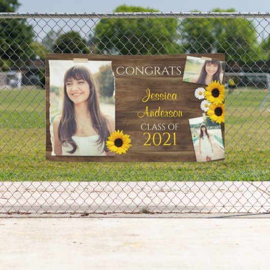 Rustic Wood Sunflower Photo Template Afstuderen Spandoek (Insitu)
