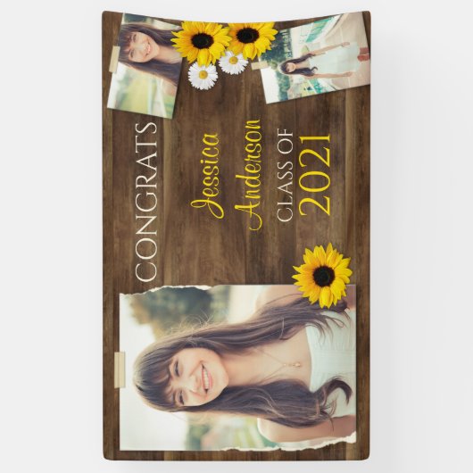 Rustic Wood Sunflower Photo Template Afstuderen Spandoek (Verticaal)