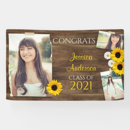 Rustic Wood Sunflower Photo Template Afstuderen Spandoek (Horizontaal)