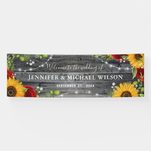 Rustic Wood Sunflower Red Rose Welcome Wedding Spandoek (Horizontaal)