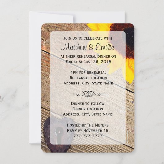 Rustic Wood Sunflower Rehearsal Dinner Invitation Kaart (Voorkant)