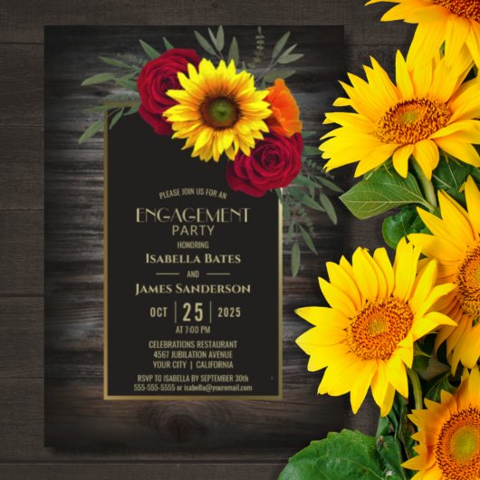 Rustic Wood Sunflower Roos Engagement Party Kaart