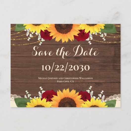Rustic Wood Sunflower Rozen Wedding Save the Date Briefkaart (Voorkant)