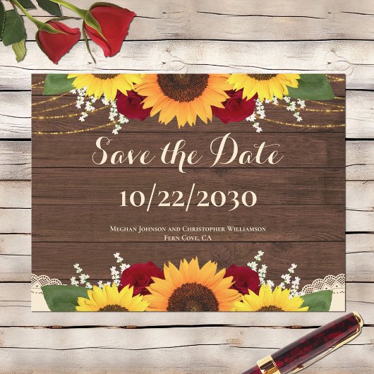 Rustic Wood Sunflower Rozen Wedding Save the Date Briefkaart