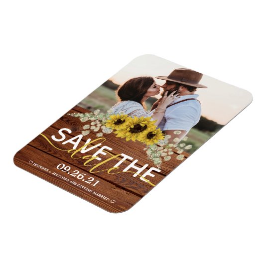 Rustic Wood Sunflower Save the Date Magneet (Linkerzijde)