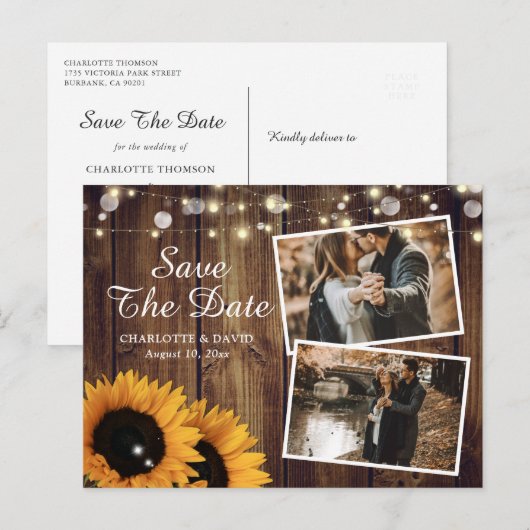 Rustic Wood Sunflower Save the Date Photo Aankondigingskaart (Voorkant / Achterkant)