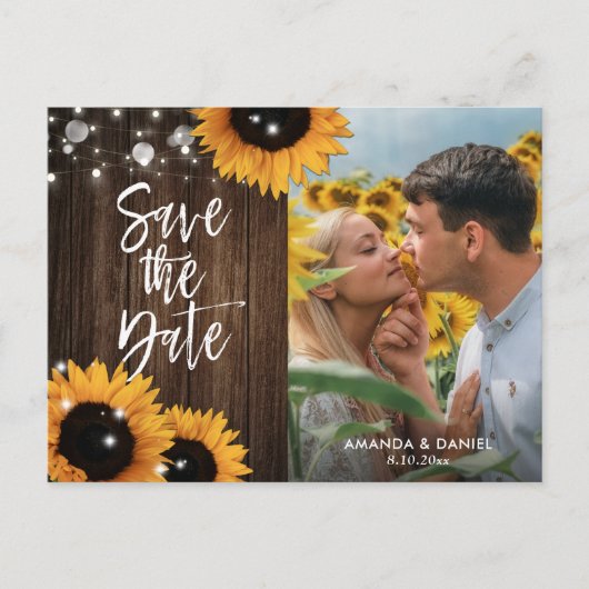 Rustic Wood Sunflower Save the Date Photo Briefkaa Aankondigingskaart (Voorkant)