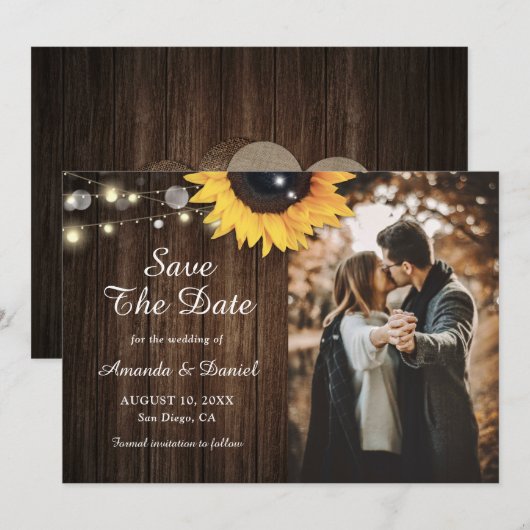 Rustic Wood Sunflower Save the Date Photo Cards (Voorkant / Achterkant)