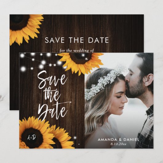 Rustic Wood Sunflower Save the Date Photo Cards (Voorkant / Achterkant)