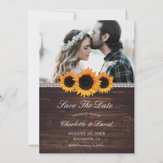 Rustic Wood & Sunflower Save the Date Photo Cards (Voorkant)