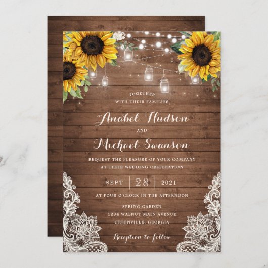 Rustic Wood Sunflower String Lights Lace Mason Jar Kaart (Voorkant / Achterkant)