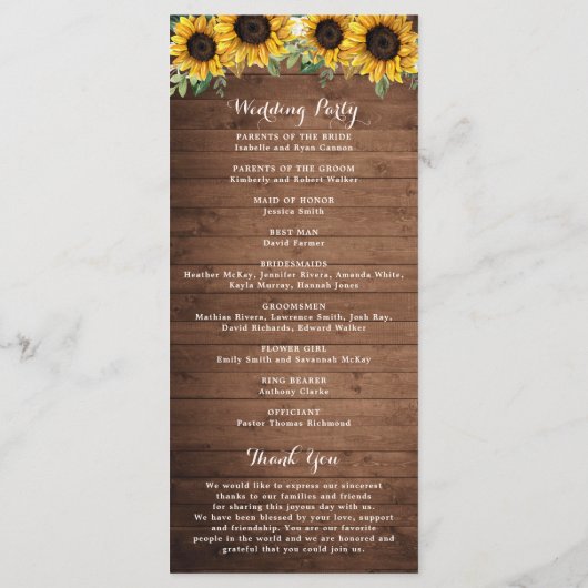 Rustic Wood Sunflower String Lights Lace Mason Jar Programmakaart (Achterkant)