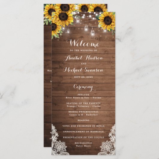 Rustic Wood Sunflower String Lights Lace Mason Jar Programmakaart (Voorkant / Achterkant)