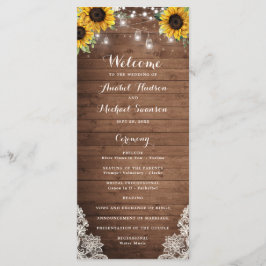 Rustic Wood Sunflower String Lights Lace Mason Jar Programmakaart