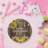 Rustic Wood Sunflower String Lights Quinceañera Papieren Bordje (Feest)