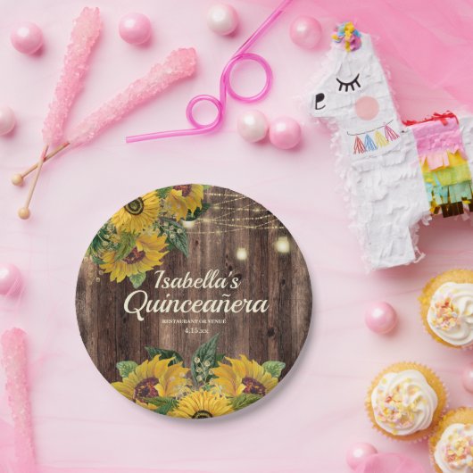 Rustic Wood Sunflower String Lights Quinceañera Papieren Bordje (Feest)