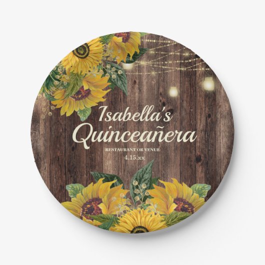 Rustic Wood Sunflower String Lights Quinceañera Papieren Bordje (Voorkant)