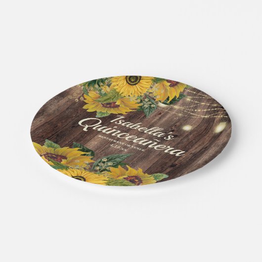 Rustic Wood Sunflower String Lights Quinceañera Papieren Bordje (Gekanteld)