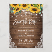 Rustic Wood Sunflower String Lights Save the Date Briefkaart (Voorkant)