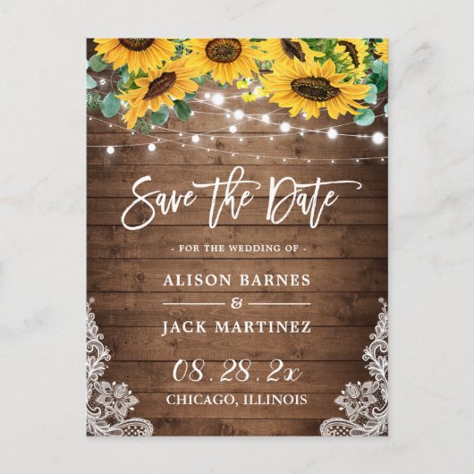 Rustic Wood Sunflower String Lights Save the Date Briefkaart (Voorkant)