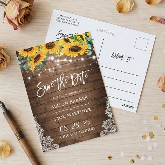 Rustic Wood Sunflower String Lights Save the Date Briefkaart