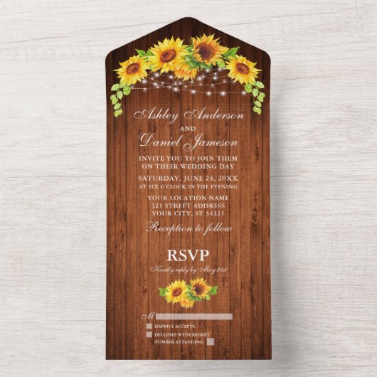Rustic Wood Sunflower String Lights Wedding All In One Uitnodiging (Binnen)