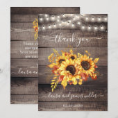 Rustic Wood Sunflower String Lights Wedding Bedankkaart (Voorkant / Achterkant)