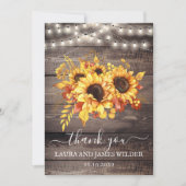Rustic Wood Sunflower String Lights Wedding Bedankkaart (Voorkant)