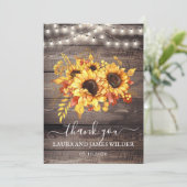 Rustic Wood Sunflower String Lights Wedding Bedankkaart (Staand voorkant)