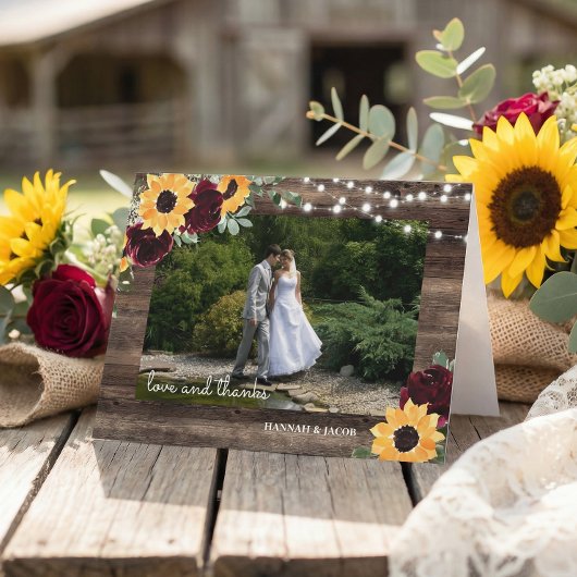 Rustic Wood Sunflower String Lights Wedding Foto Bedankkaart