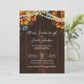 Rustic Wood Sunflower String Lights Wedding Kaart (Staand voorkant)