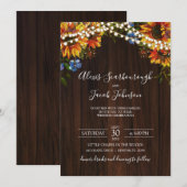 Rustic Wood Sunflower String Lights Wedding Kaart (Voorkant / Achterkant)
