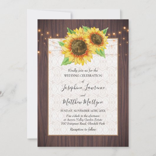 Rustic Wood Sunflower String Lights Wedding Kaart (Voorkant)