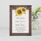 Rustic Wood Sunflower String Lights Wedding Kaart (Staand voorkant)