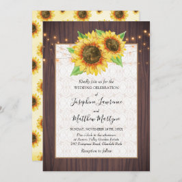 Rustic Wood Sunflower String Lights Wedding Kaart