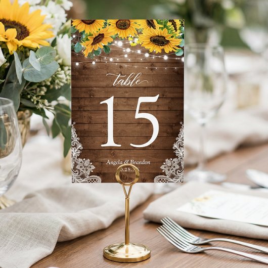 Rustic Wood Sunflower String Lights Wedding Kaart