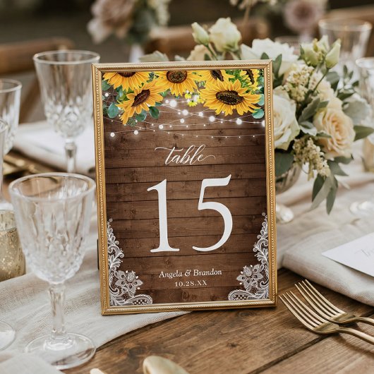 Rustic Wood Sunflower String Lights Wedding Kaart