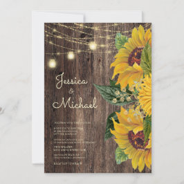 Rustic Wood Sunflower String Lights Wedding Kaart