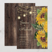 Rustic Wood Sunflower String Lights Wedding Kaart (Voorkant / Achterkant)