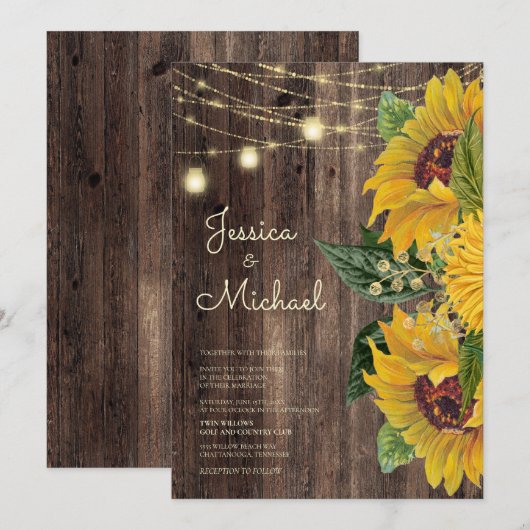 Rustic Wood Sunflower String Lights Wedding Kaart (Voorkant / Achterkant)