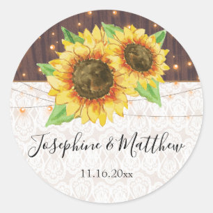 Rustic Wood Sunflower String Lights Wedding Ronde Sticker