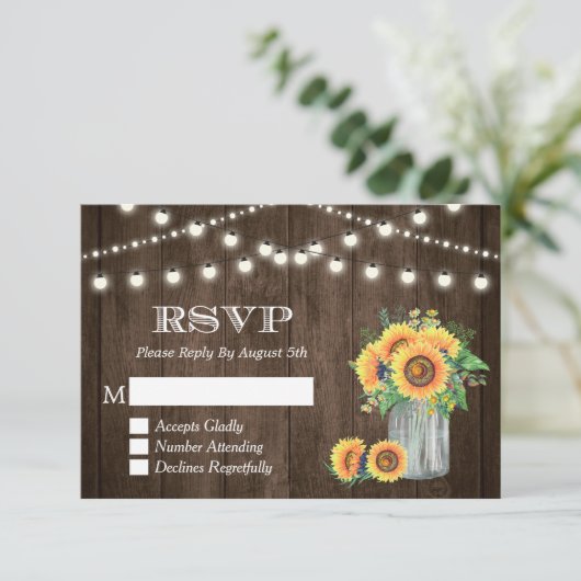 Rustic Wood Sunflower String Lights Wedding RSVP (Staand voorkant)