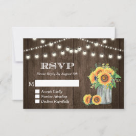 Rustic Wood Sunflower String Lights Wedding RSVP Kaartje