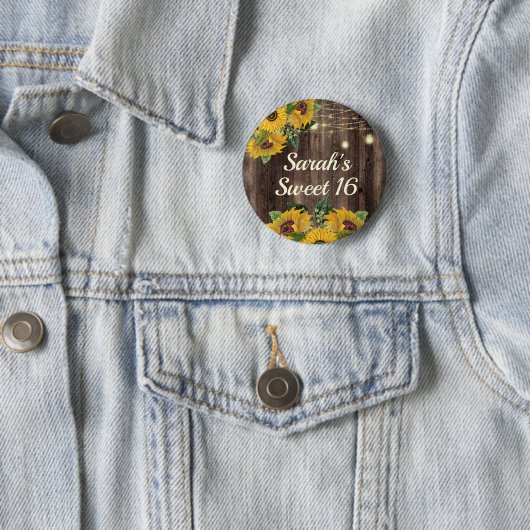 Rustic Wood Sunflower Sweet 16 Ronde Button 5,7 Cm (In situ)