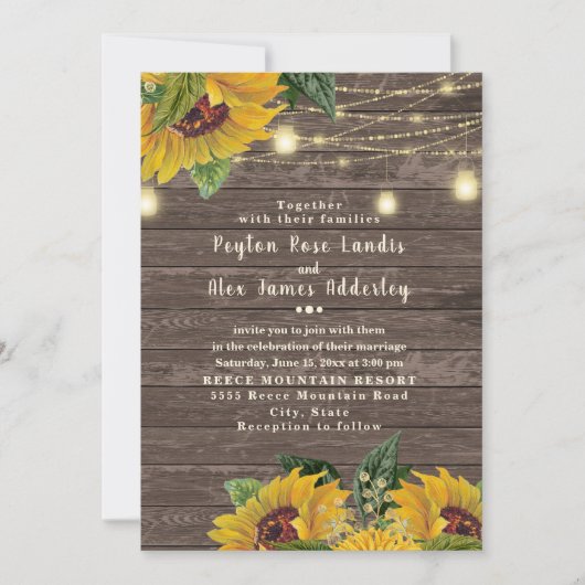 Rustic Wood Sunflower Twinkle Light Wedding Kaart (Voorkant)