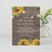 Rustic Wood Sunflower Twinkle Light Wedding Kaart (Staand voorkant)