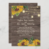 Rustic Wood Sunflower Twinkle Light Wedding Kaart (Voorkant / Achterkant)