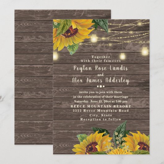 Rustic Wood Sunflower Twinkle Light Wedding Kaart (Voorkant / Achterkant)
