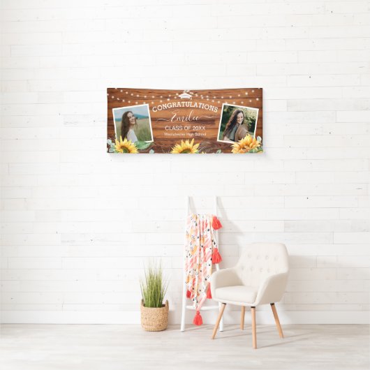 Rustic Wood Sunflower Two Photo Afstuderen Spandoek (Insitu)